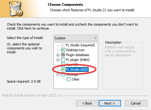 FL Studio install screen with FL Studio ASIO enabled.