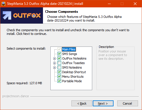 Screenshot of the Project OutFox installation wizard on Windows 10.