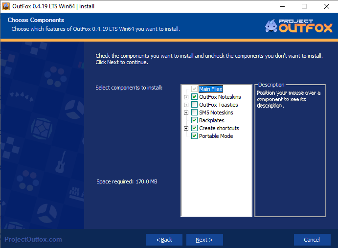 Screenshot of the Project OutFox installation wizard on Windows 10.